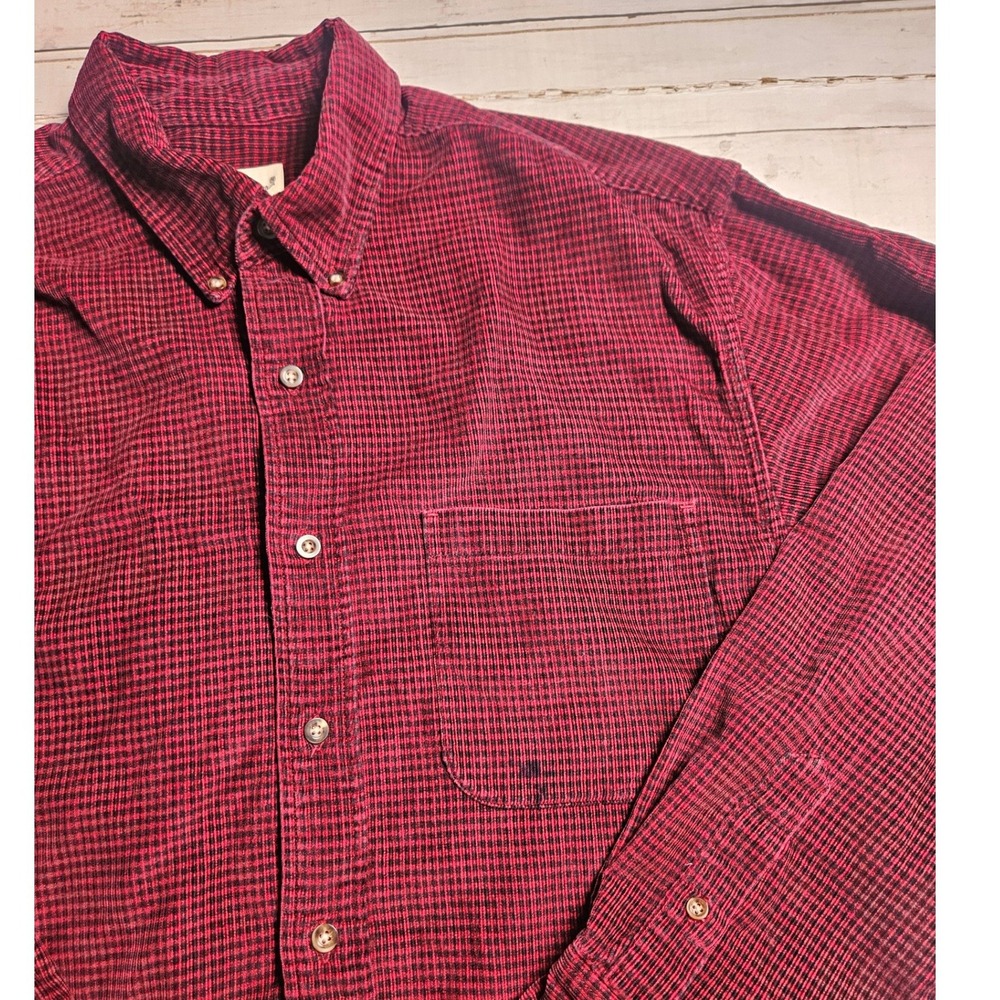 Eddie Bauer Mens Red Black Corduroy Button Down Shirt Check Medium Regular